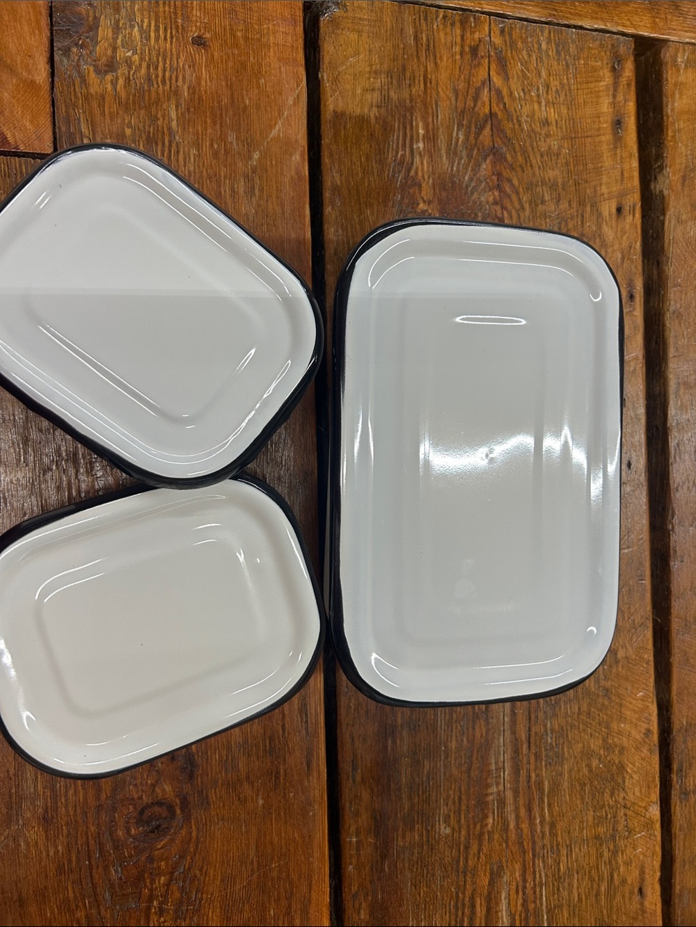 White Enamel Rectangular Trays with Black Rim - Set of 3